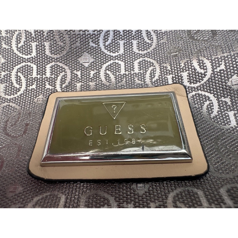Guess Satchel Handbag Metallic Pewter Logo Embossed Tan Handles Leopard Lining - Picture 2 of 12